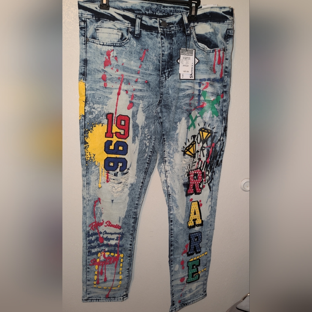 Rue21 Supreme Flex Skinny Jeans Paint Graffiti Distressed Style Size 34 X 32 NWT